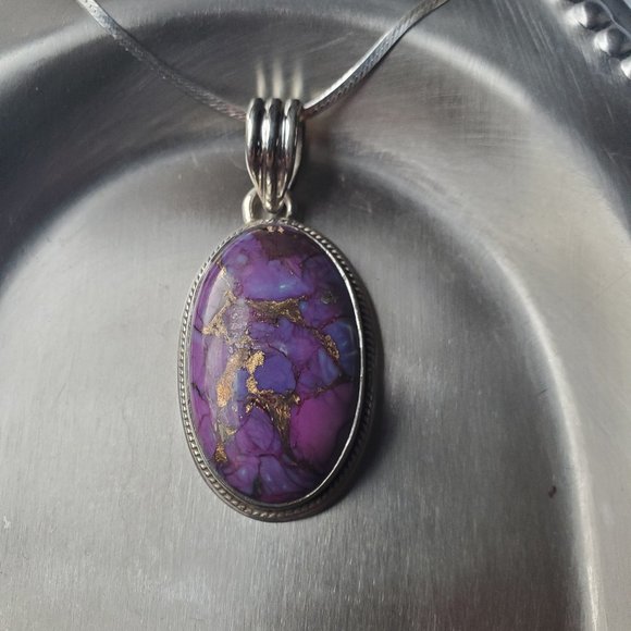 PURPLE TURQUOISE STERLING SILVER PENDANT. - Picture 3 of 7